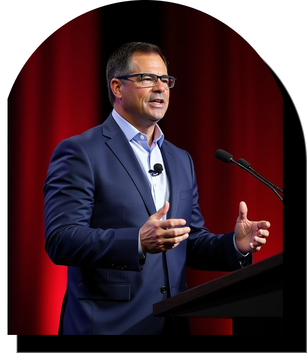 Man in suit speaking confidently at a podium with red curtains behind.