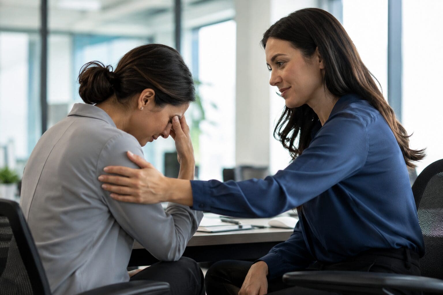 Woman comforting upset colleague in office