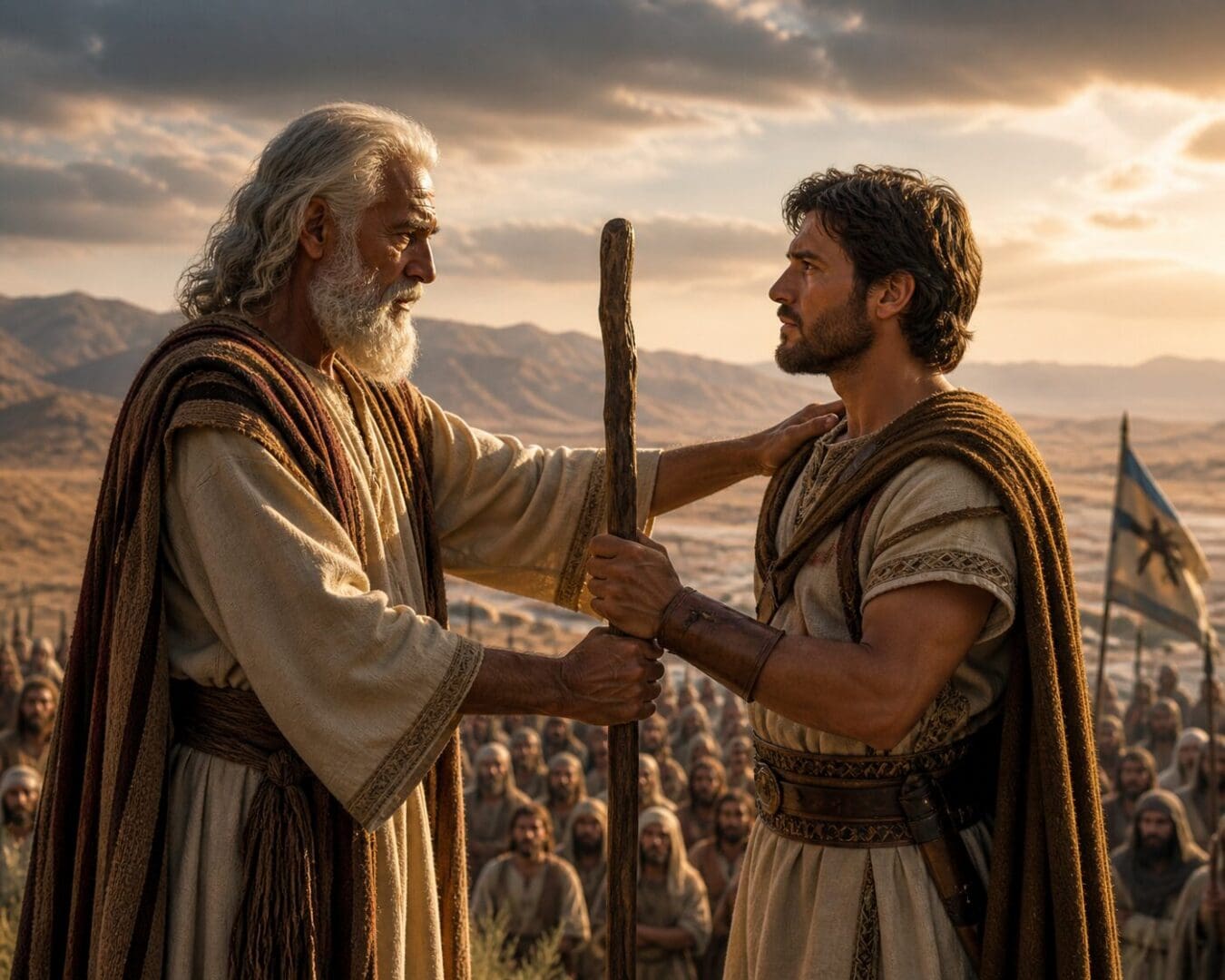 Elderly leader hands staff to young warrior