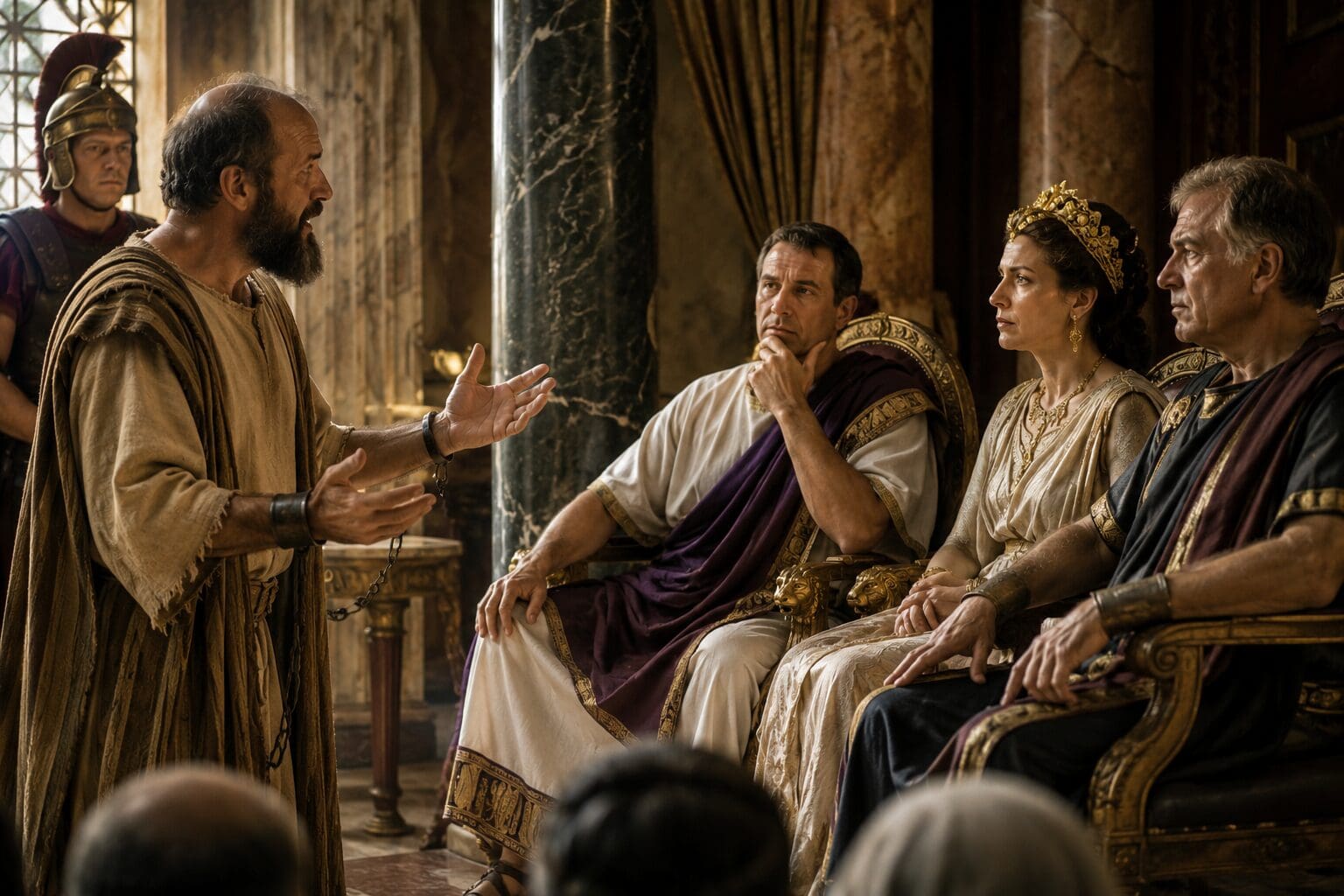 Chained man pleading before Roman rulers