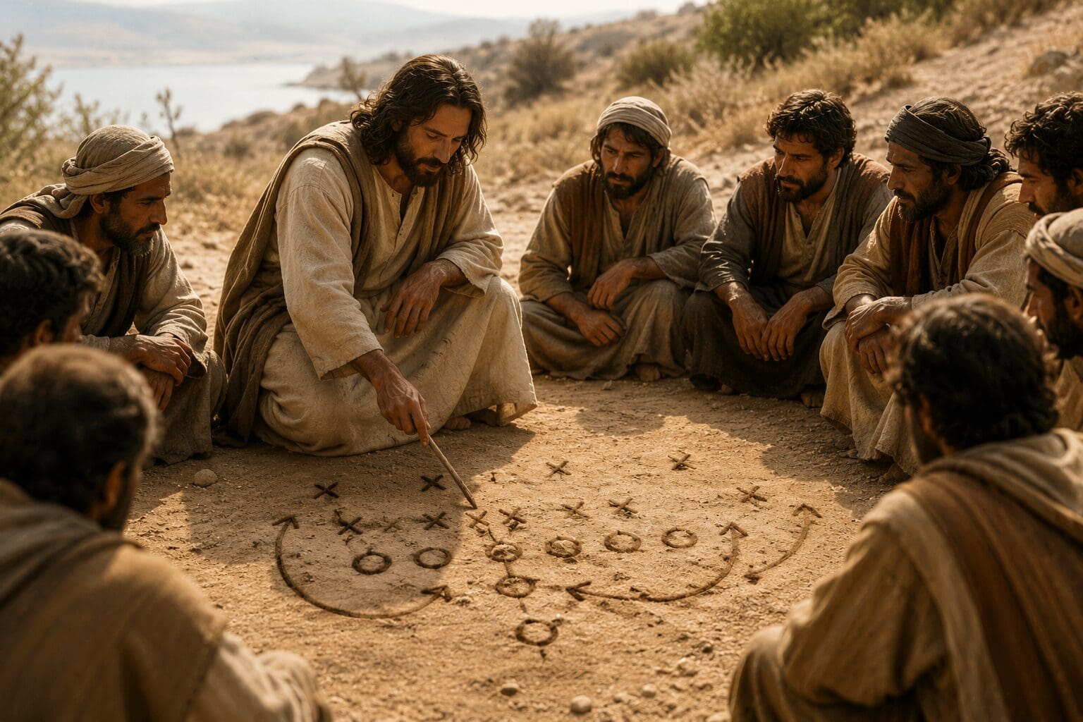 Bearded man drawing strategy diagram in dirt