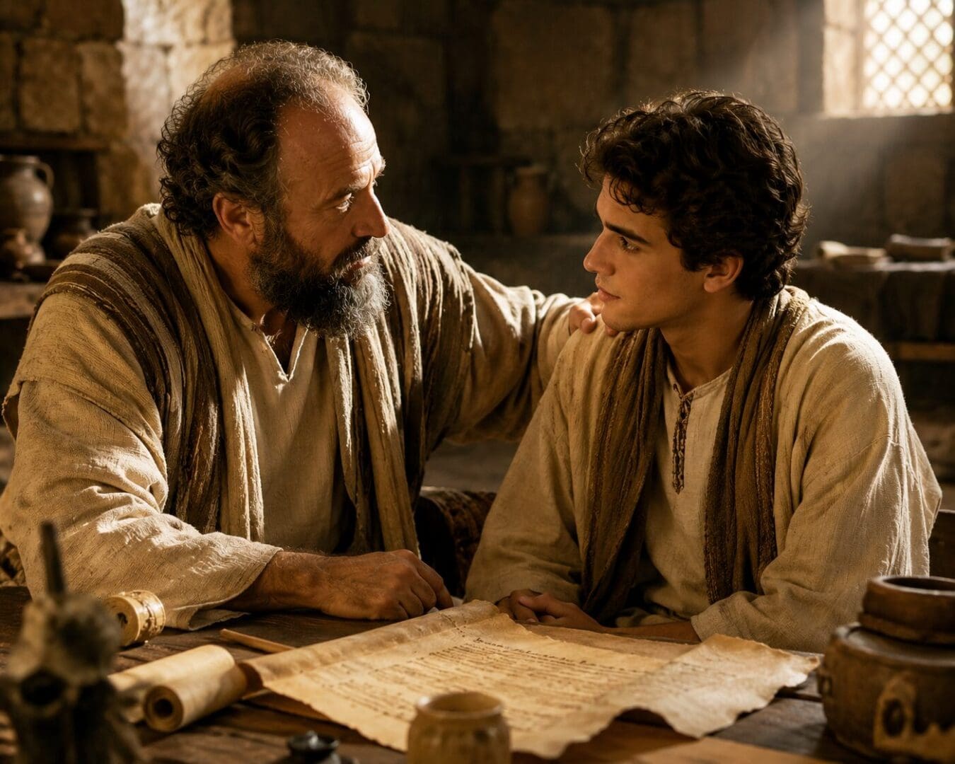 Older man mentoring younger man over ancient scroll
