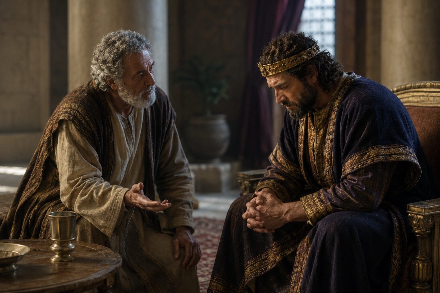 Elder advising a sorrowful crowned man