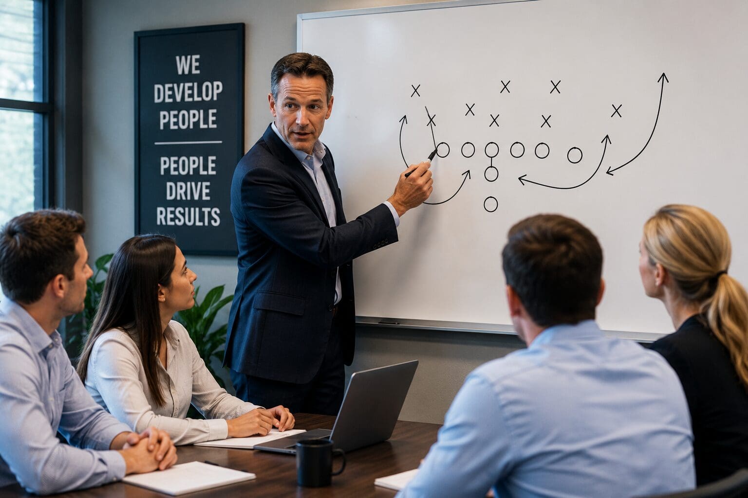 Business leader drawing strategy on whiteboard
