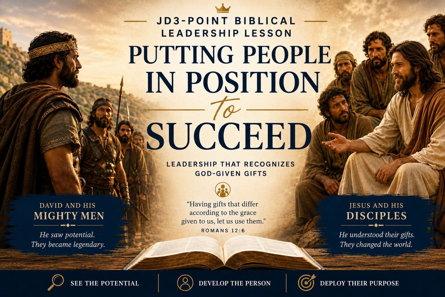 Biblical leaders and disciples around open Bible