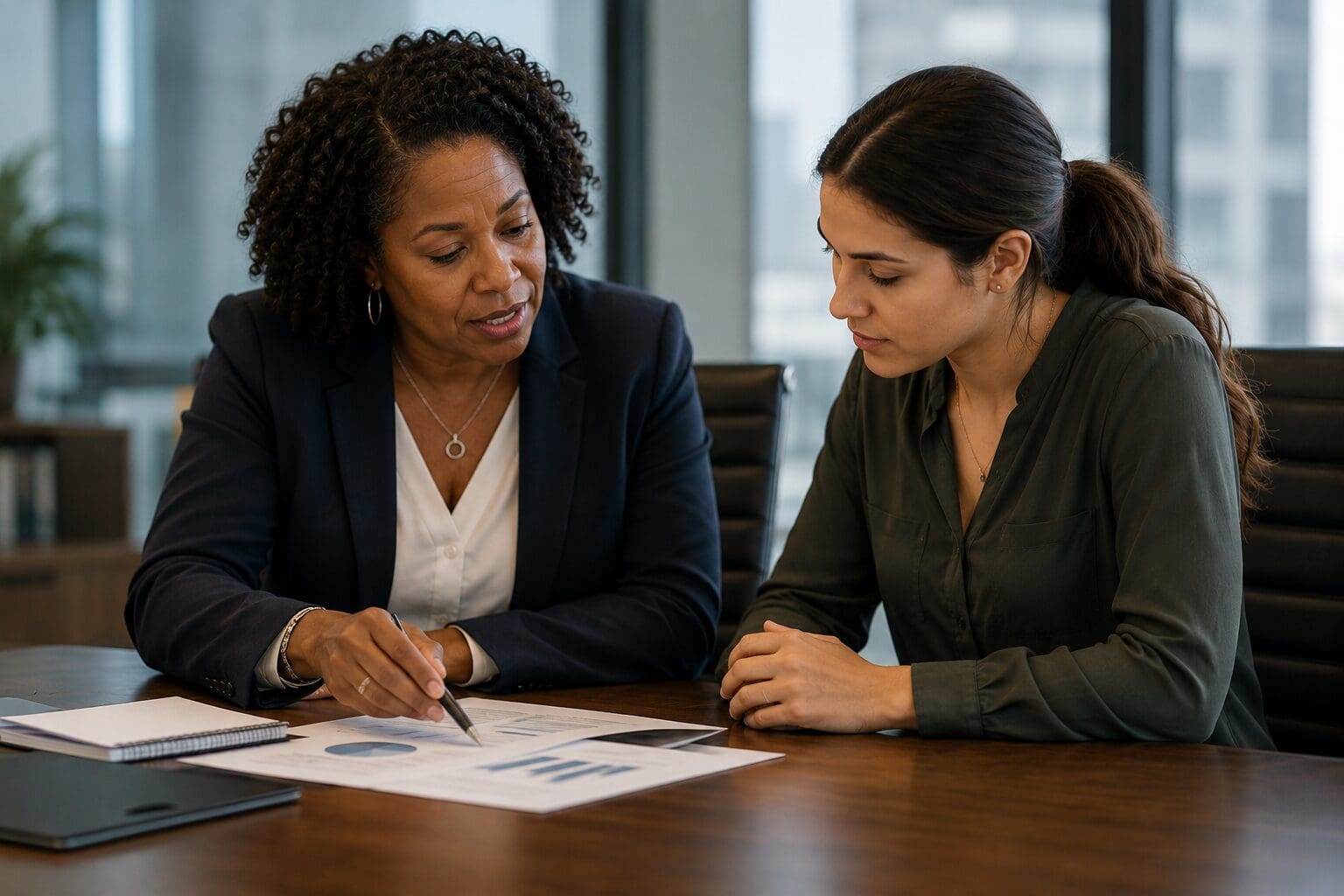 Two women reviewing charts at meeting table