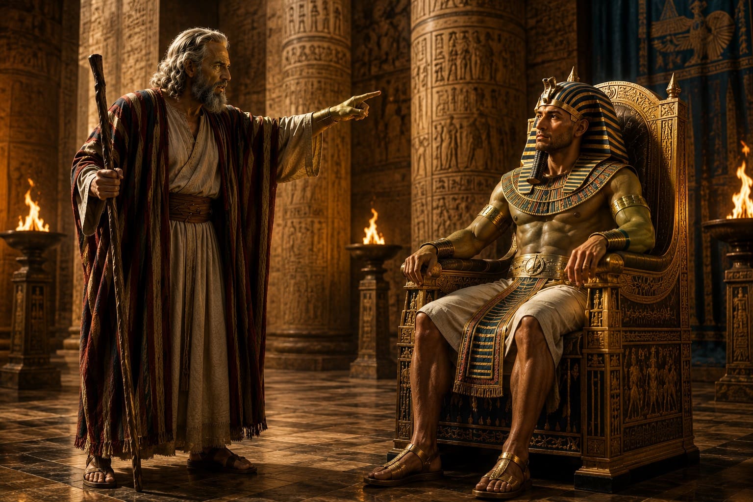 Prophet confronting seated pharaoh in ornate throne room
