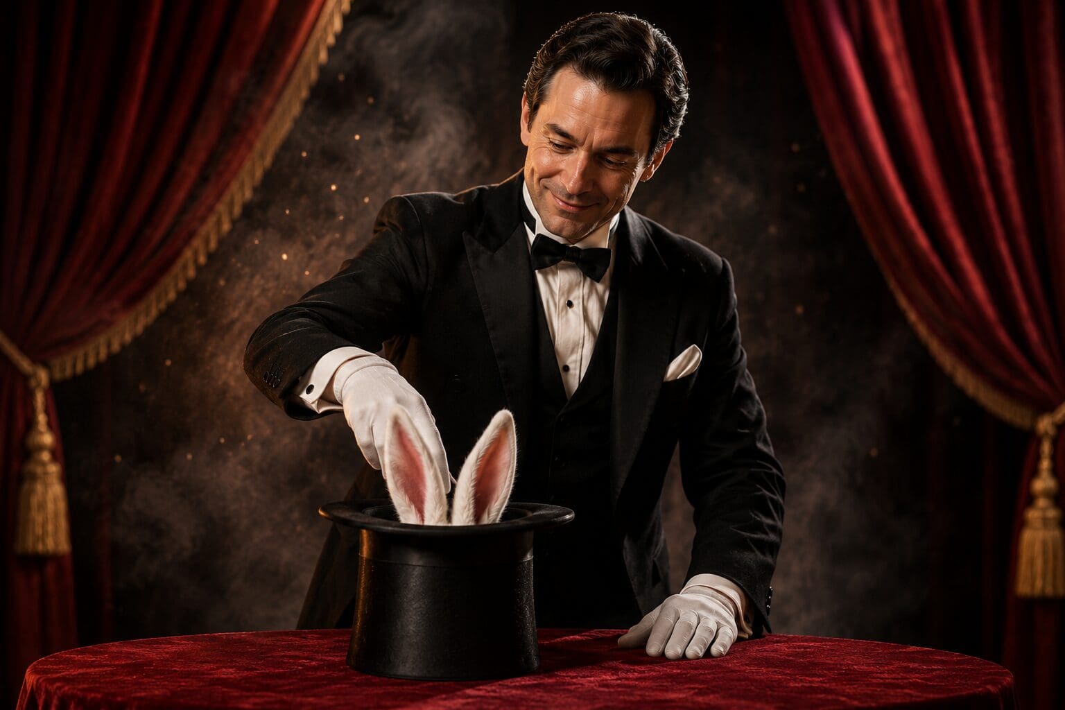 Magician pulling rabbit ears from top hat