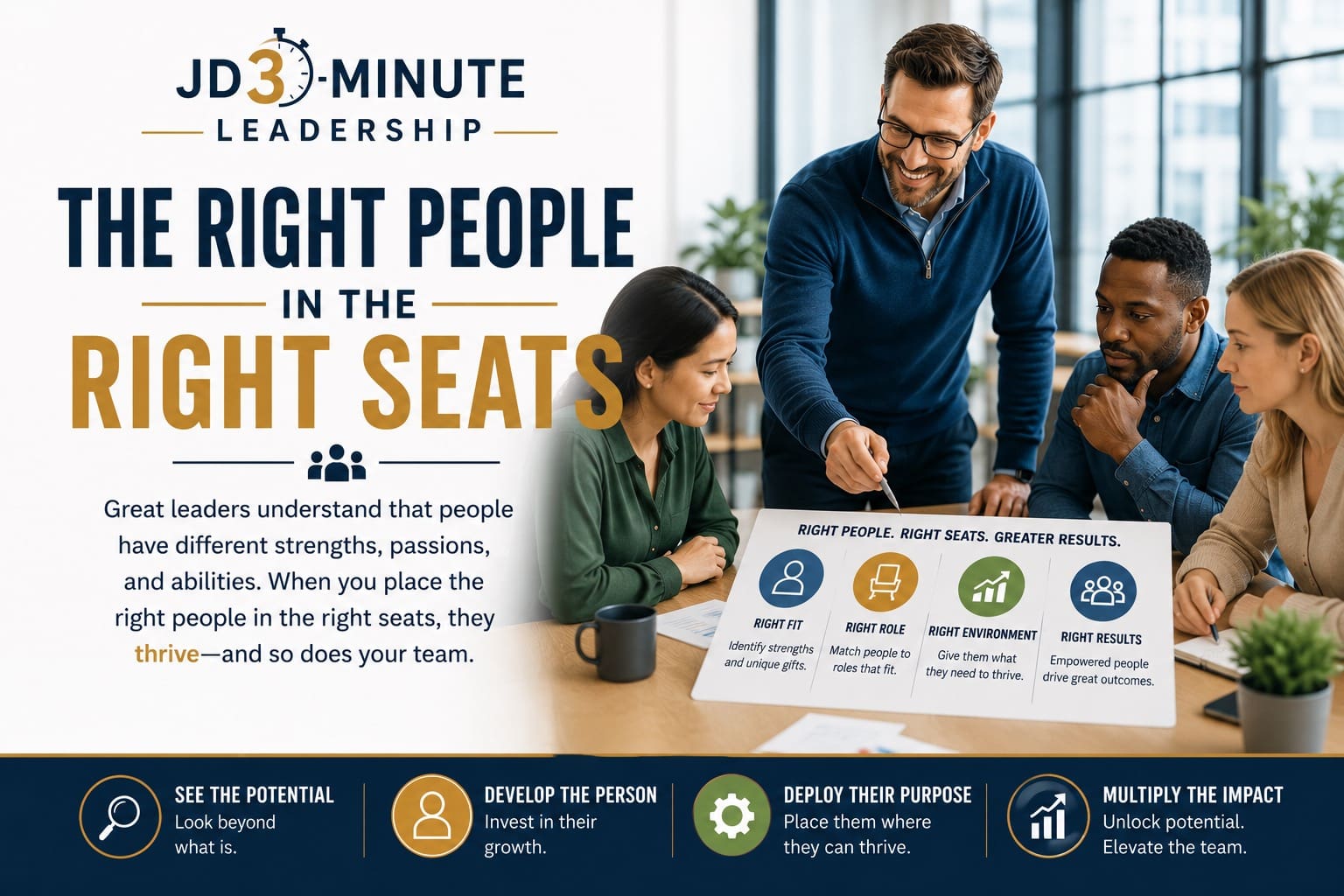 Leadership poster showing team meeting and placement infographic