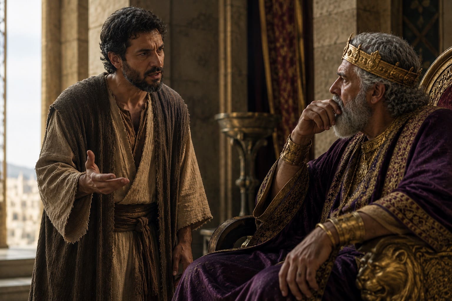 Man pleading before a seated king
