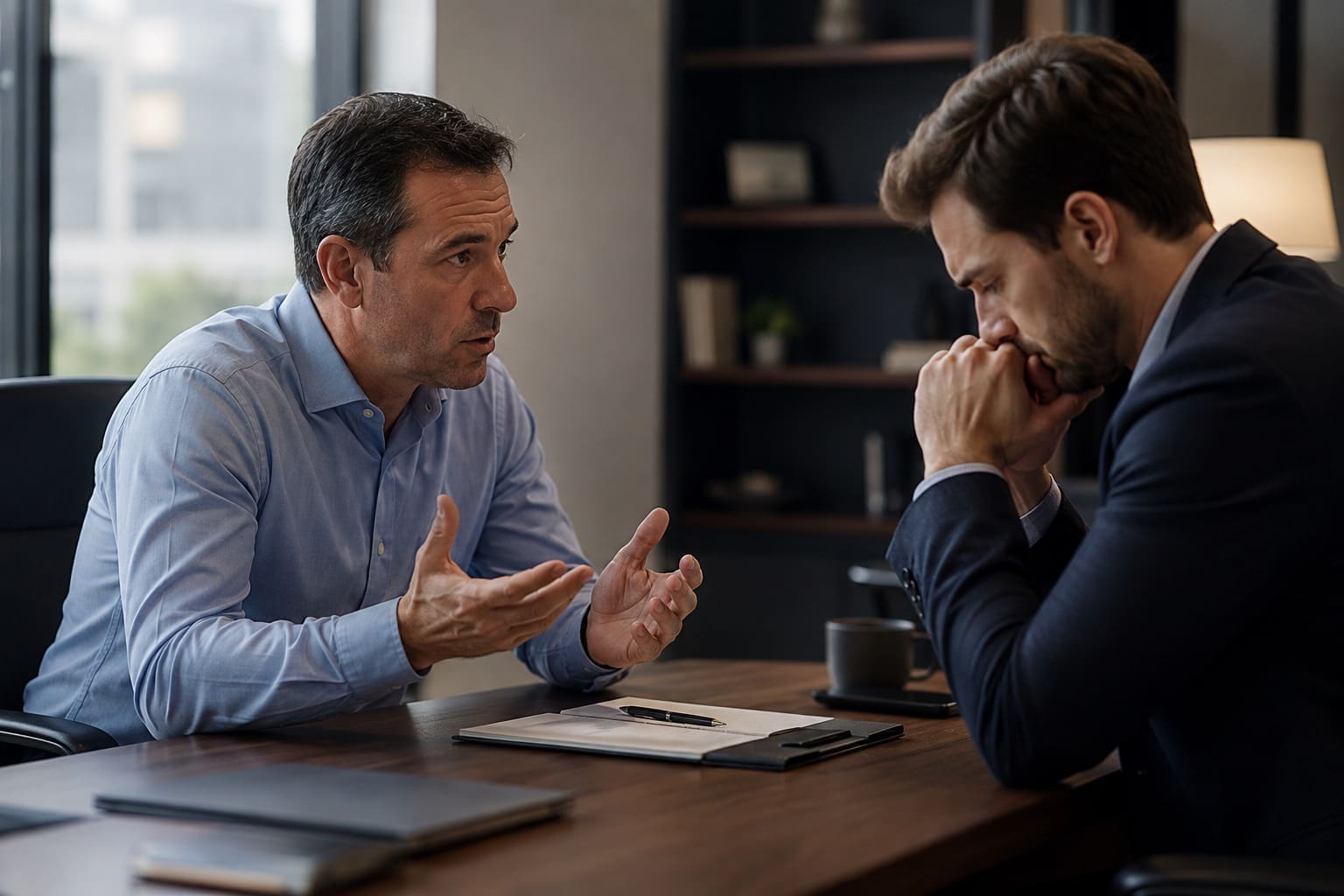 Two men in serious office conversation