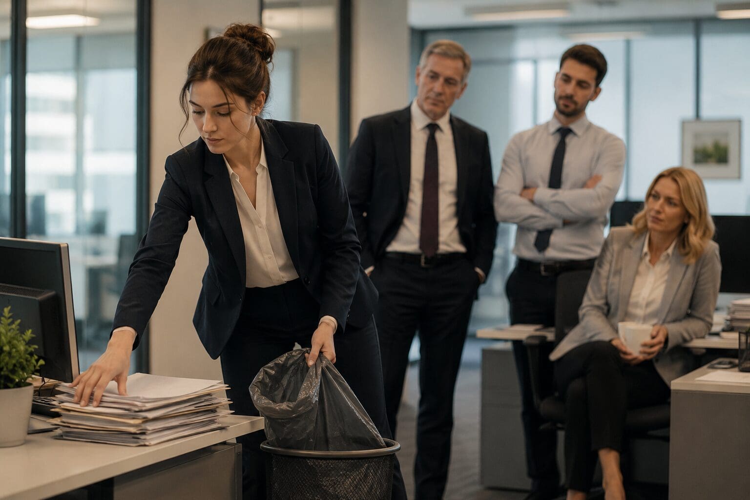 Businesswoman discarding documents while colleagues watch