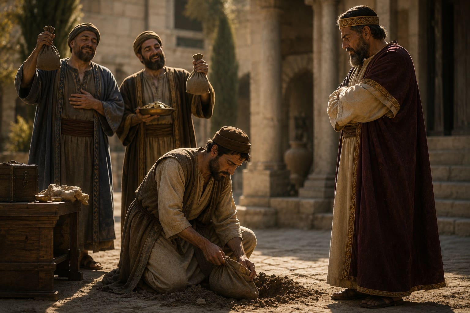 Merchant kneeling counting coins as men hold bags