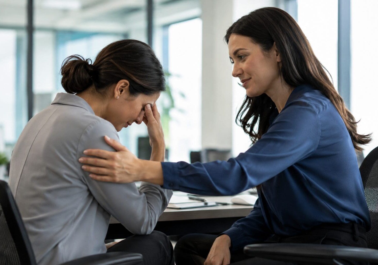 Woman comforting upset colleague in office