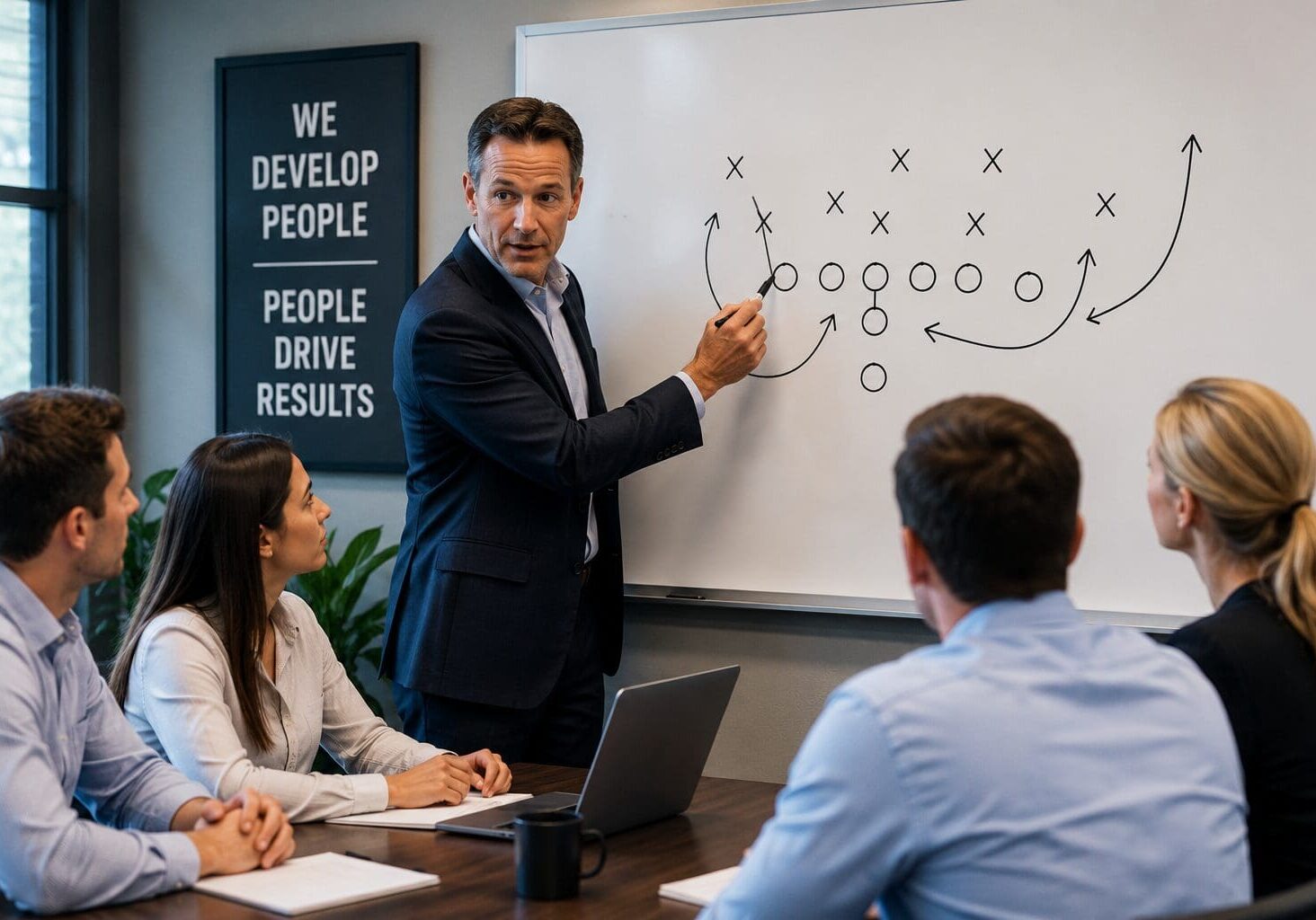 Business leader drawing strategy on whiteboard