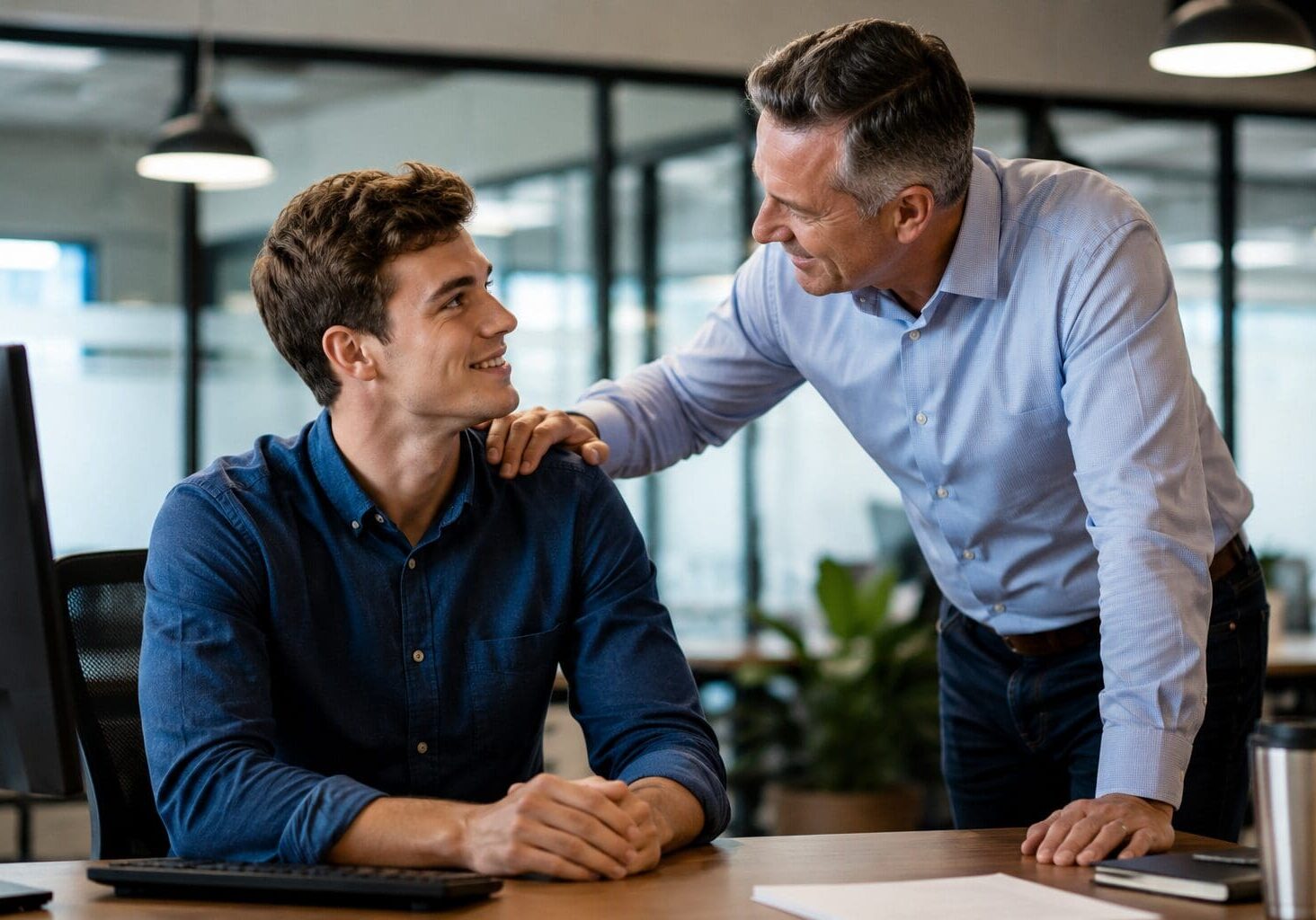Manager placing hand on employee's shoulder, smiling
