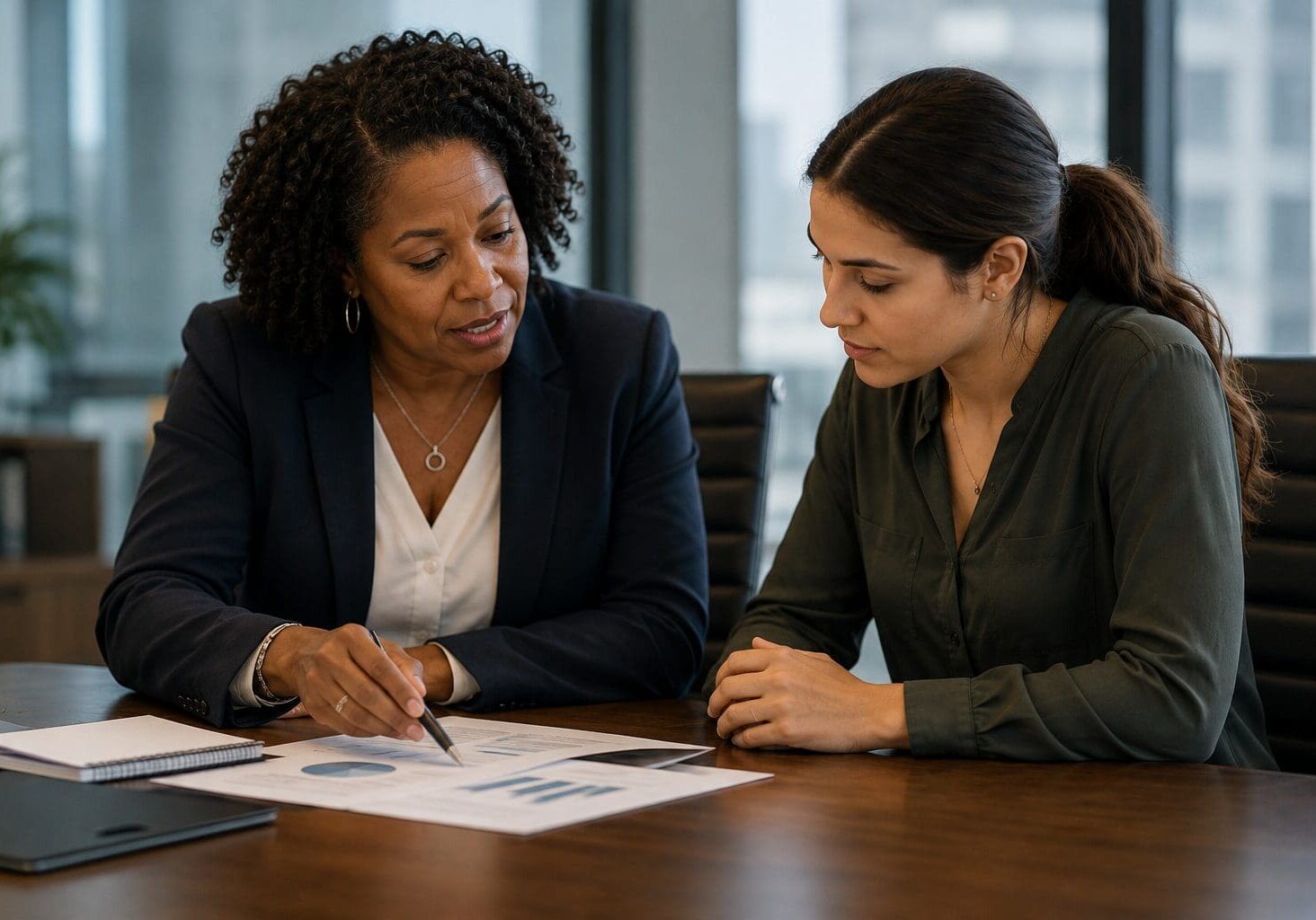 Two women reviewing charts at meeting table