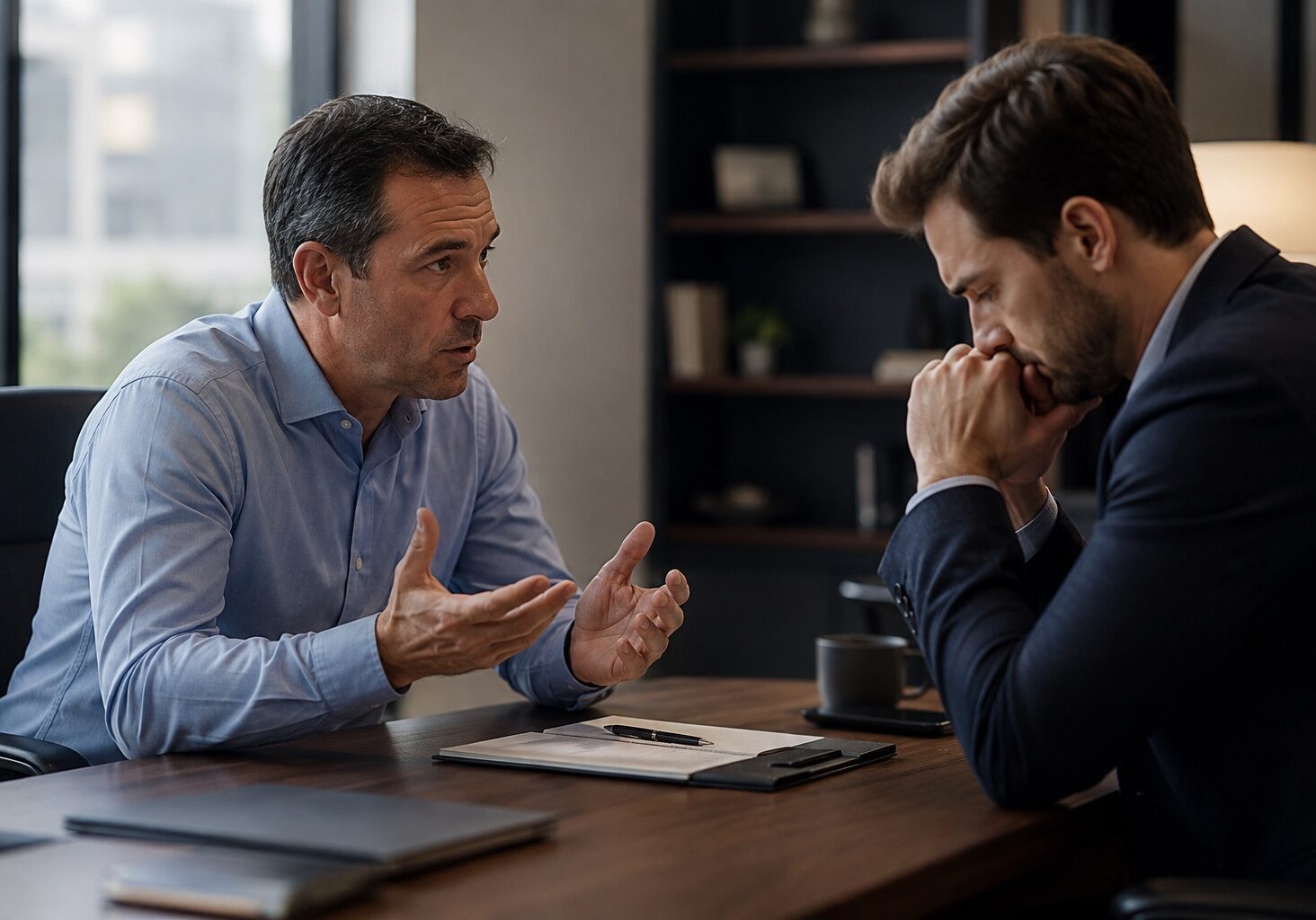 Two men in serious office conversation