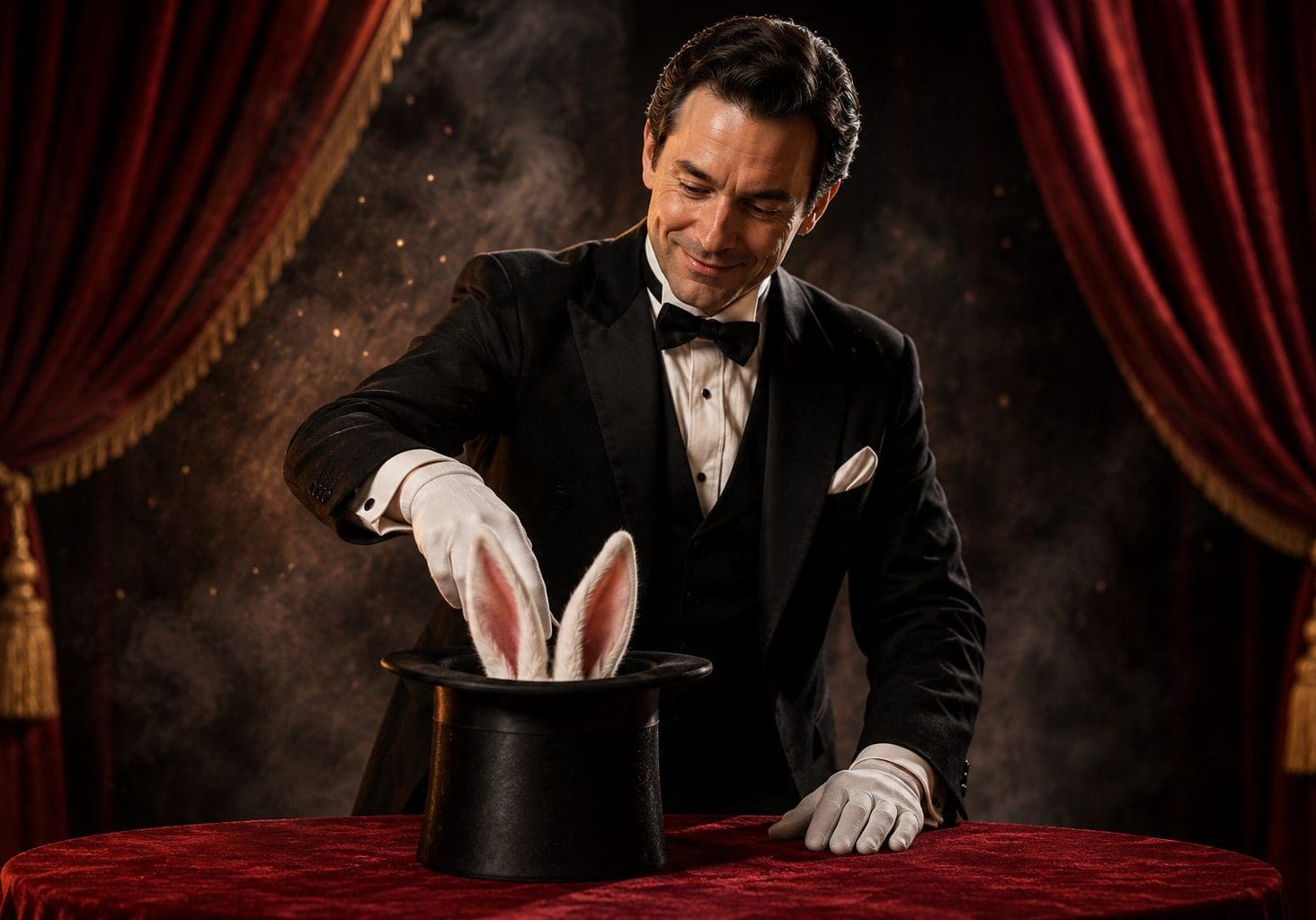 Magician pulling rabbit ears from top hat