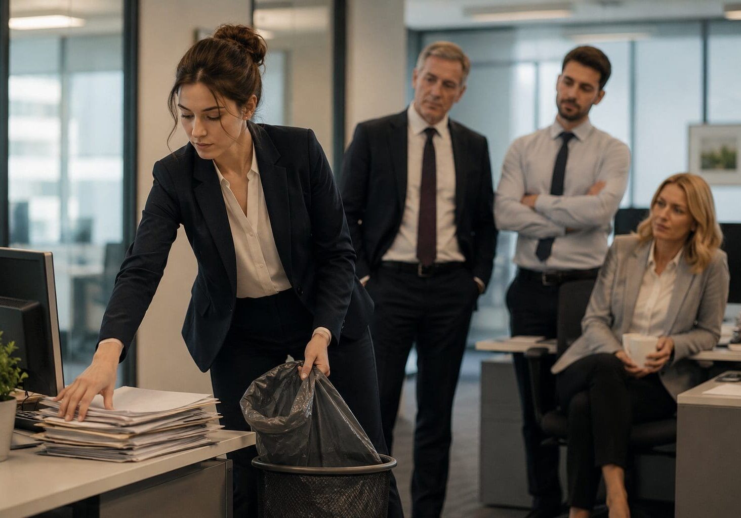 Businesswoman discarding documents while colleagues watch