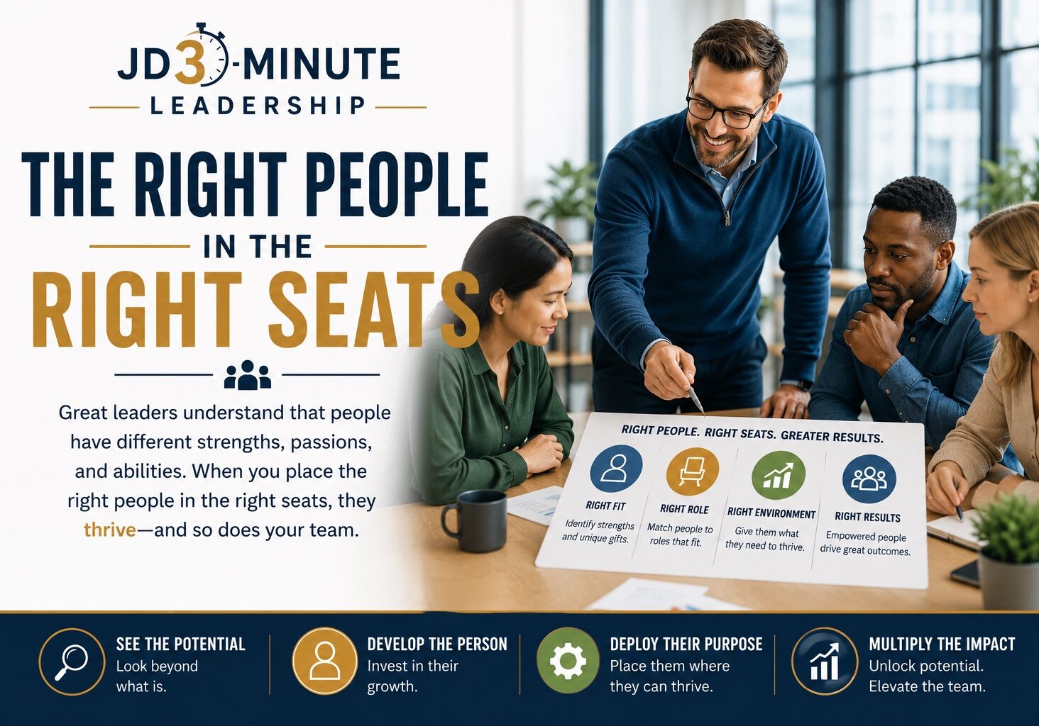 Leadership poster showing team meeting and placement infographic